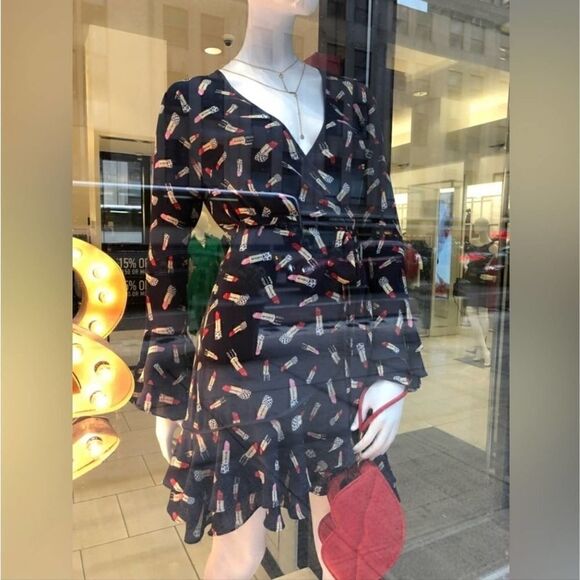 BEBE Denise Full Wrap Ruffle Detail Dress, Red & Pink Lipstick Print Novelty | 2 - Picture 8 of 12